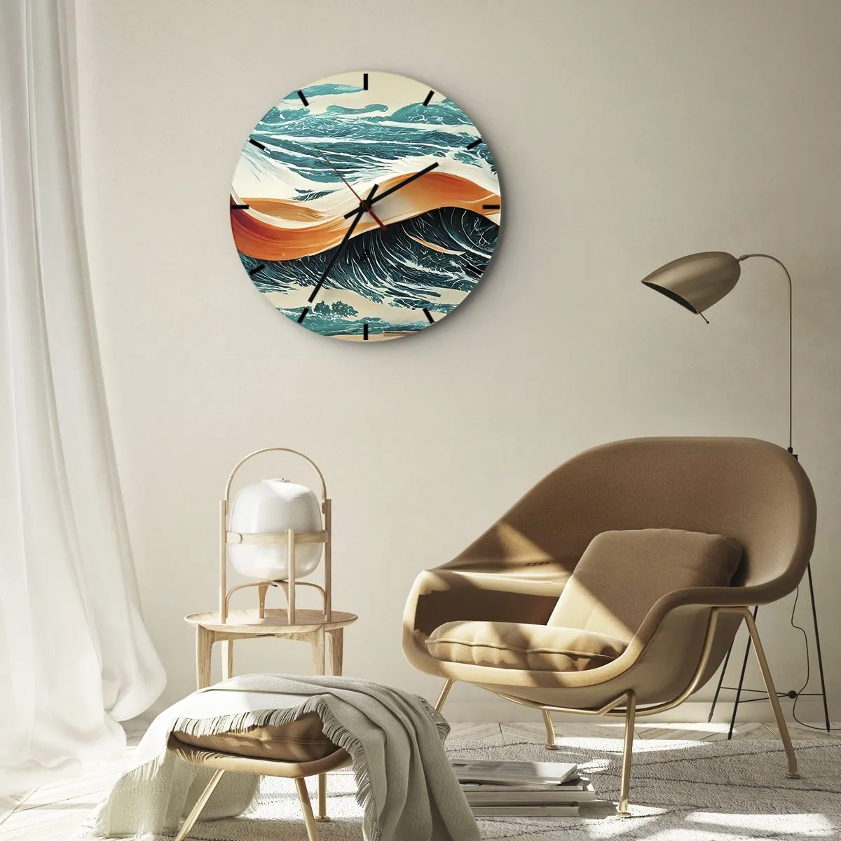 Wall clock - Clock on glass - Sea waves with an orange ribbon in a dynamic composition - 30x30cm - Surfer's Dream - Modern wall decoration for the living room, kitchen, and bedroom ARTTOR
