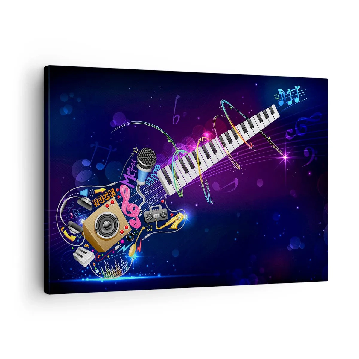 Canvas picture - A colorful guitar with a keyboard and a microphone on a dark background. - 70x50cm - All Is Well - Modern wall decoration for the living room and bedroom ARTTOR