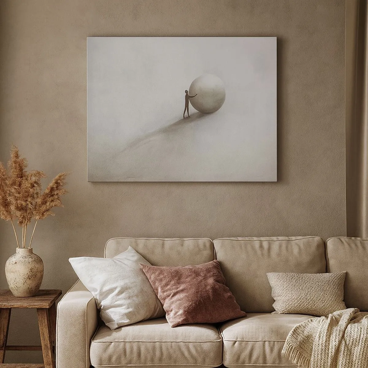 Canvas picture - A minimalist figure with a ball on a light, monochromatic background. - 70x50cm - Game of Life - Modern wall decoration for the living room and bedroom ARTTOR