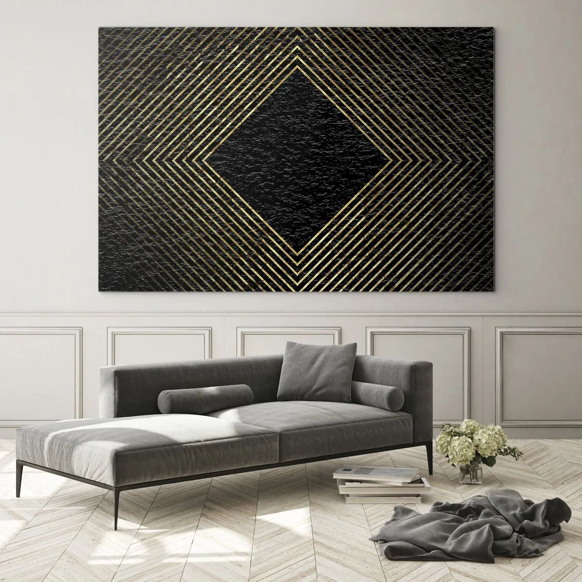 Glass picture - Gold diamond with geometric lines on a black background - 70x50cm - Geometry Glamour Style - Modern wall decoration for the living room and bedroom ARTTOR