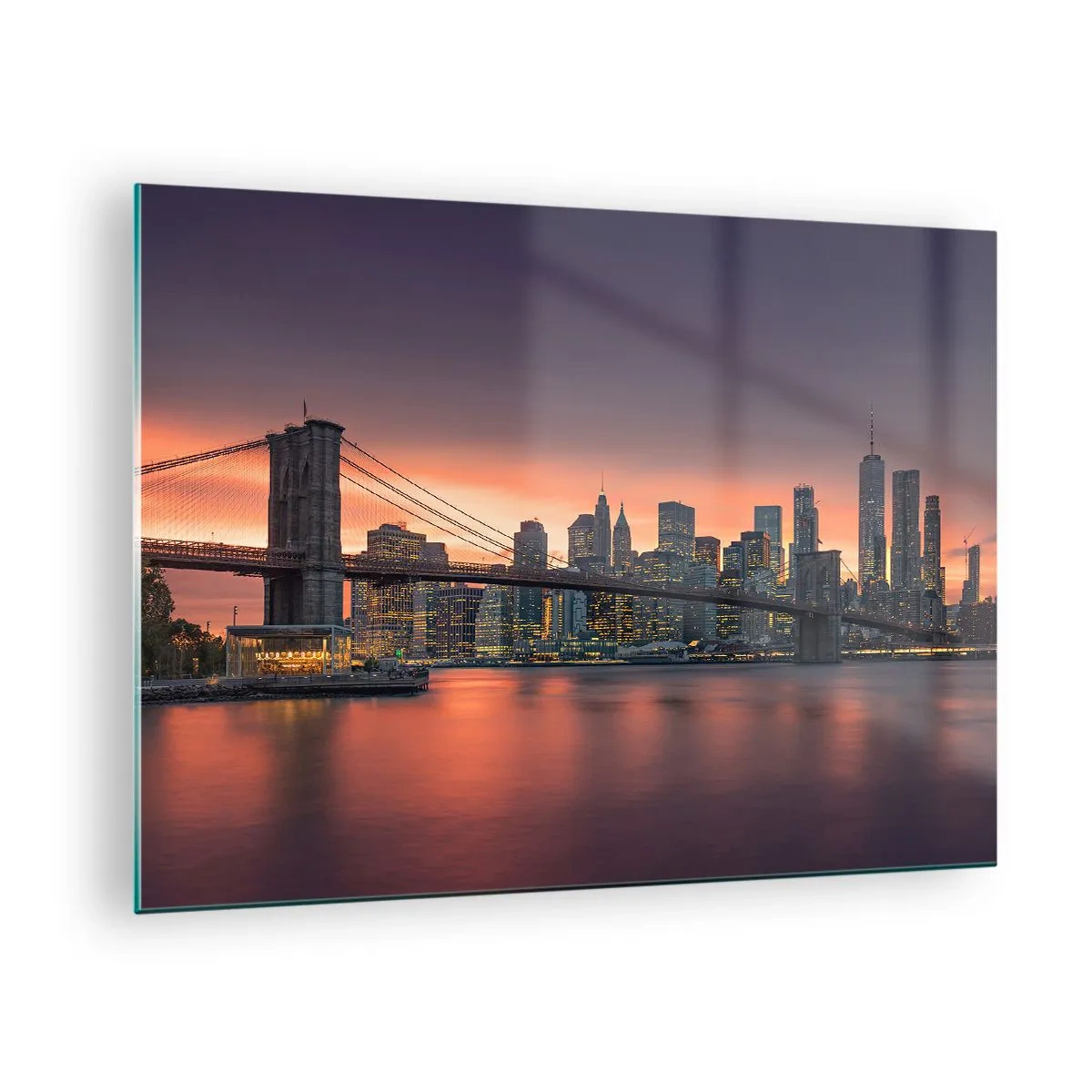 Glass picture - Brooklyn Bridge at sunset - 70x50cm - Submerged in Lilac Silence - Modern wall decoration for the living room and bedroom ARTTOR