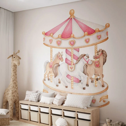 Self-Adhesive Photo Wallpaper Deluxe Sticker - Sweet World of Childhood - Merry-go-round, Girly, Horses - 100x70 cm