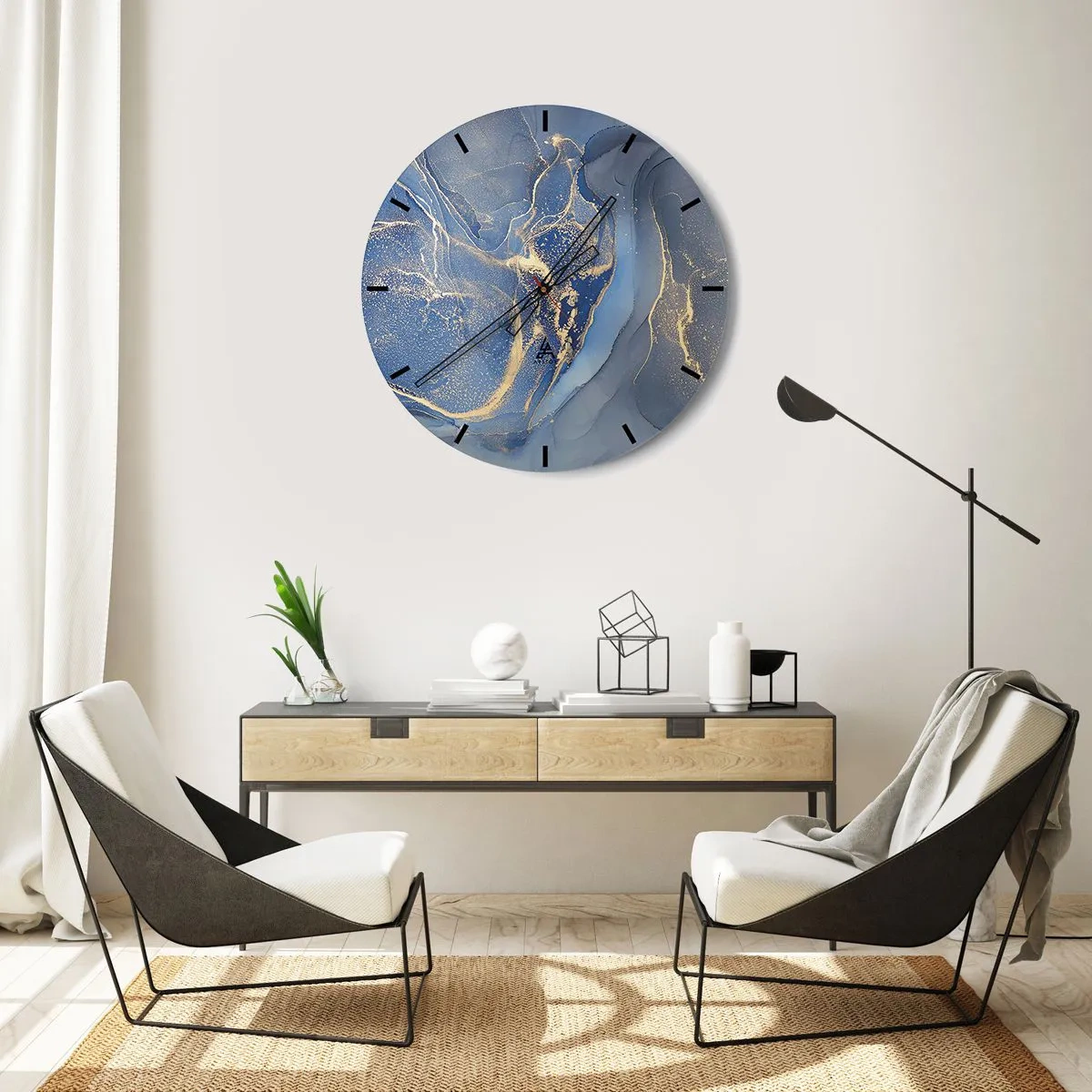 Wall clock - Clock on glass - Golden leaves on a black background in a modern composition - 30x30cm - Gold Dust - Modern wall decoration for the living room, kitchen, and bedroom ARTTOR