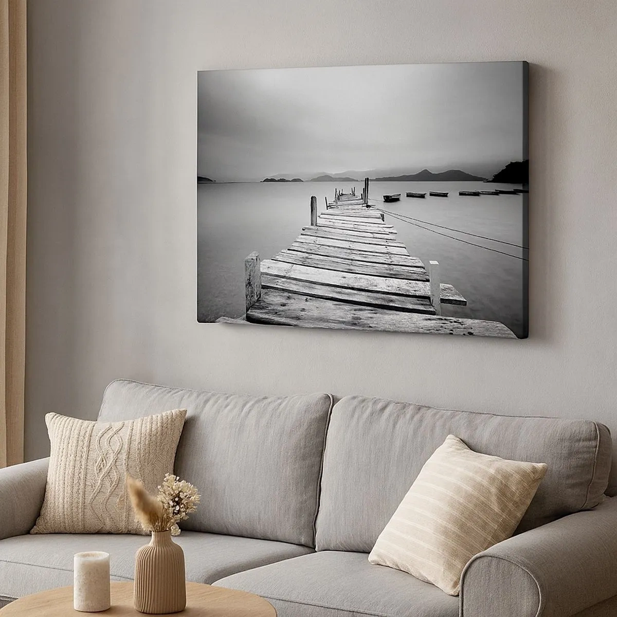 Canvas picture - A black and white view of a wooden jetty and a calm lake. - 70x50cm - In a Faraway Land - Modern wall decoration for the living room and bedroom ARTTOR