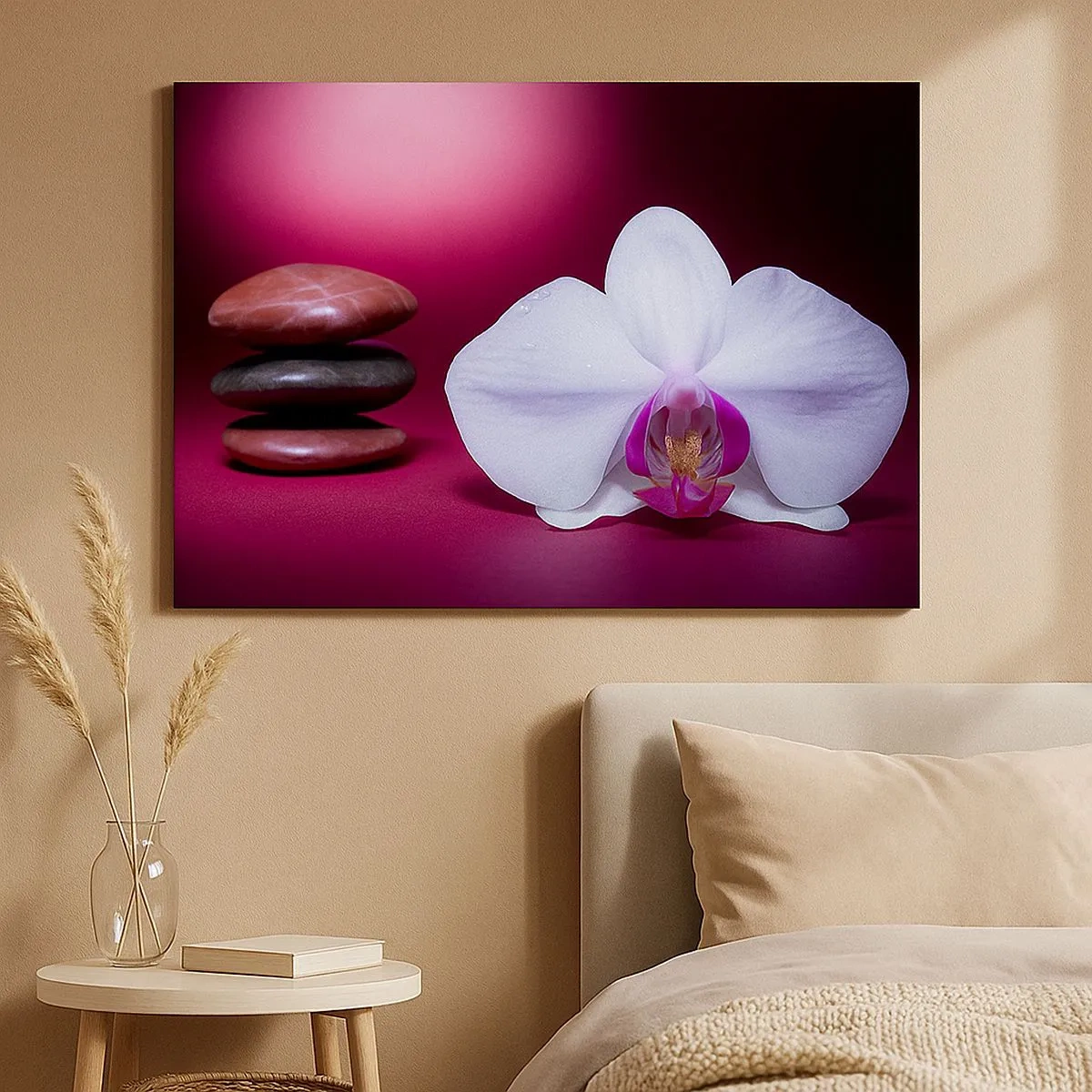 Canvas picture - White orchid and stones on a pink background - 70x50cm - Study of Freshness in Purple - Modern wall decoration for the living room and bedroom ARTTOR