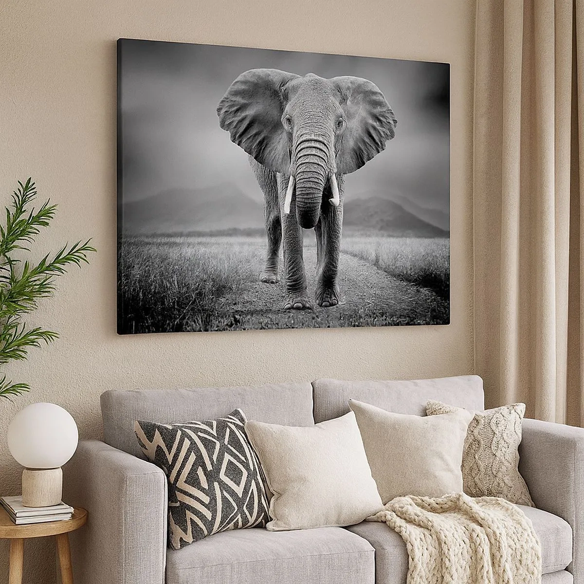 Canvas picture - A mighty elephant on the savannah in monochromatic tones - 70x50cm - Welcoming of the Host - Modern wall decoration for the living room and bedroom ARTTOR
