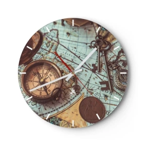 Wall clock - Clock on glass - Compass, coins and a retro map - 30x30cm - For Adventurers - Modern wall decoration for the living room, kitchen, and bedroom ARTTOR