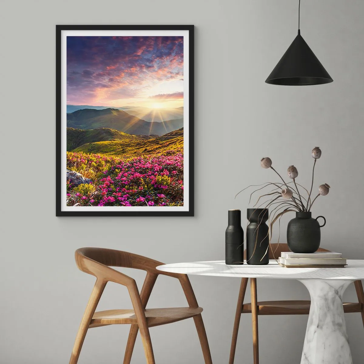 Poster in black frame - Flowers in the mountains illuminated by the rays of the setting sun - 50x70cm - Freshness of Mountain Morning - Modern wall decoration for the living room and bedroom ARTTOR