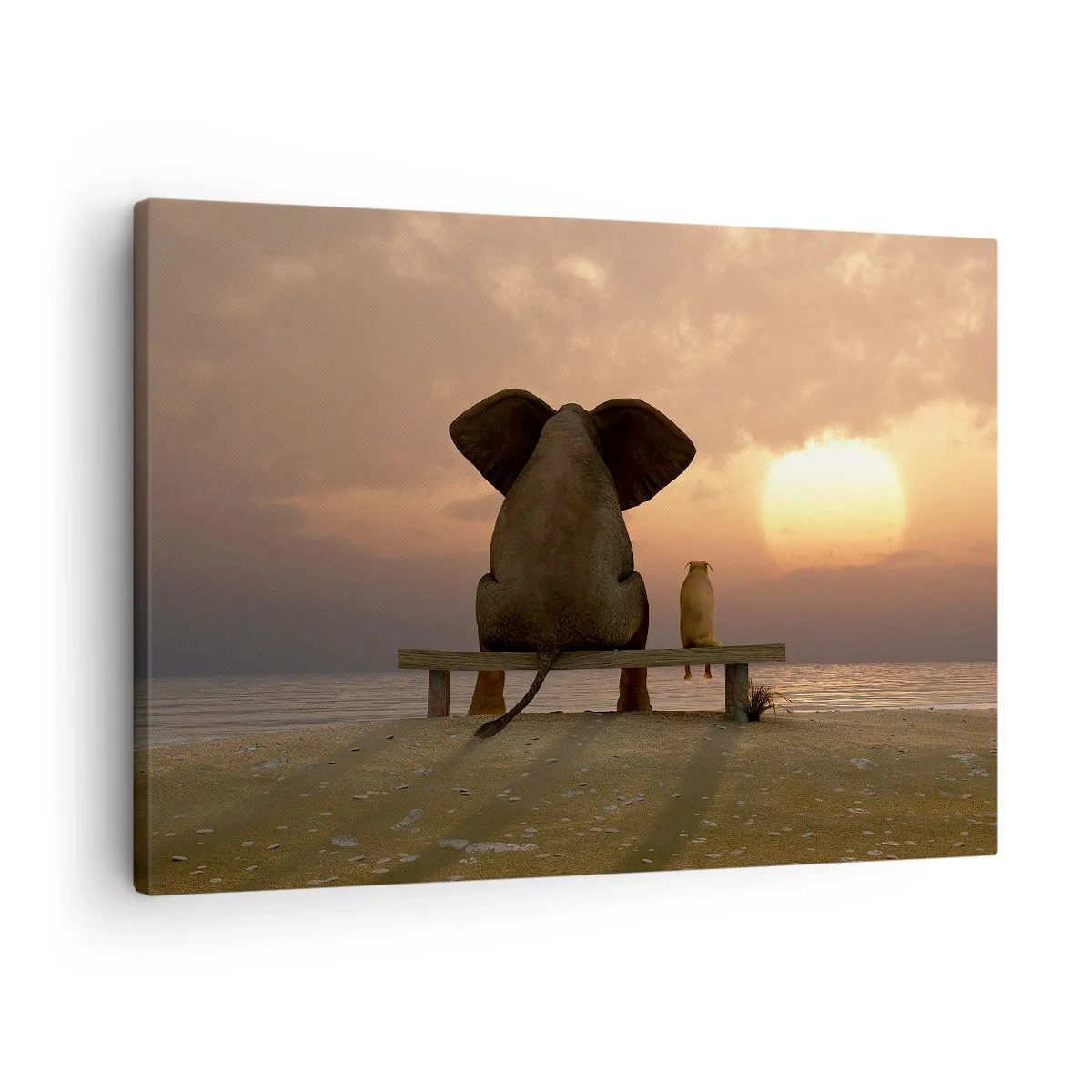 Canvas picture - An elephant and a dog are sitting on a bench on the beach during sunset. - 70x50cm - It Feels Good to Be Quiet Together - Modern wall decoration for the living room and bedroom ARTTOR