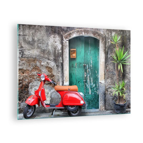 Glass picture - Red scooter against a green door - 70x50cm - Italian Holiday - Modern wall decoration for the living room and bedroom ARTTOR