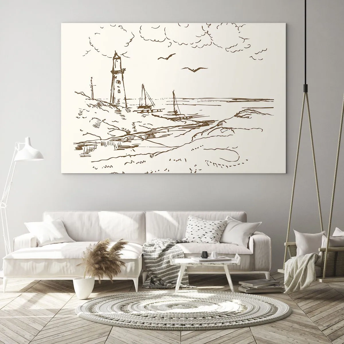 Glass picture - Sketch of a lighthouse in a seaside landscape - 70x50cm - Outline of a Summer Postcard - Modern wall decoration for the living room and bedroom ARTTOR