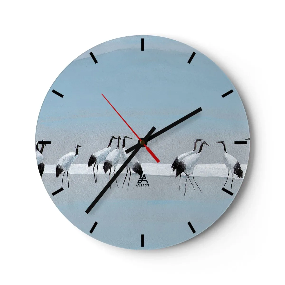 Wall clock - Clock on glass - A group of cranes against a light blue sky - 30x30cm - After a Hot Day - Modern wall decoration for the living room, kitchen, and bedroom ARTTOR