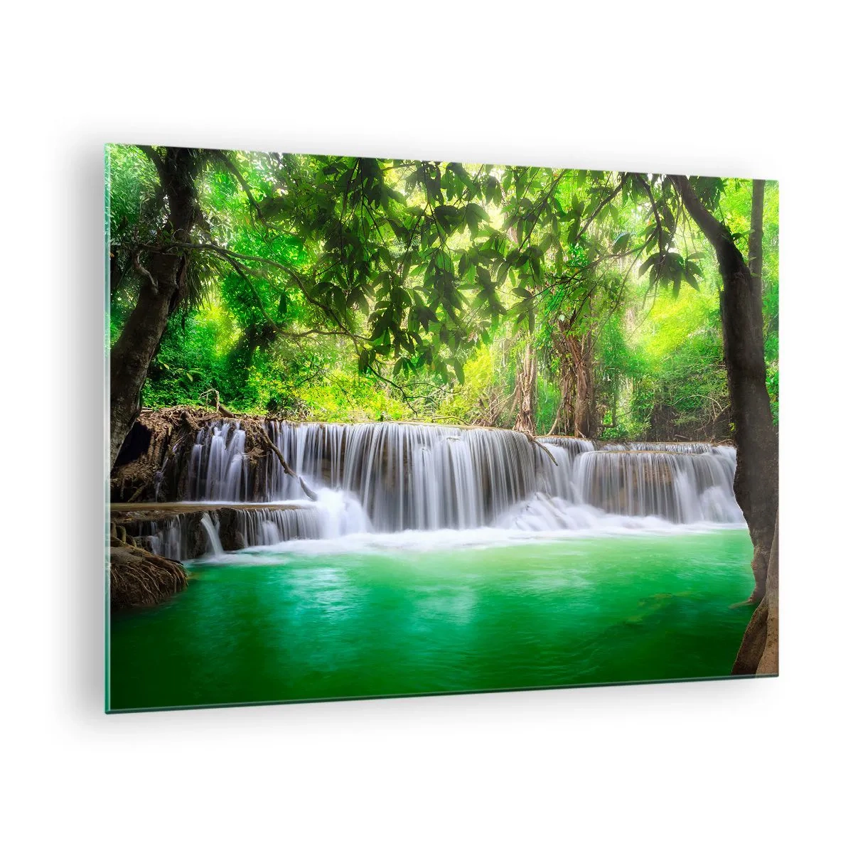 Glass picture - A waterfall in a tropical forest with crystal clear water - 70x50cm - Cascade in Green - Modern wall decoration for the living room and bedroom ARTTOR