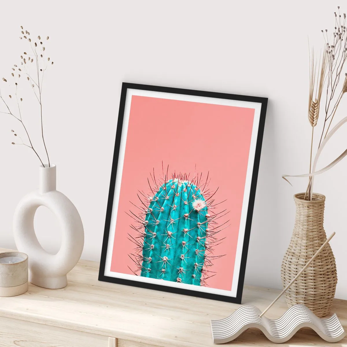 Poster in black frame - Turquoise cactus on a pink background - 50x70cm - Just Look - Modern wall decoration for the living room and bedroom ARTTOR