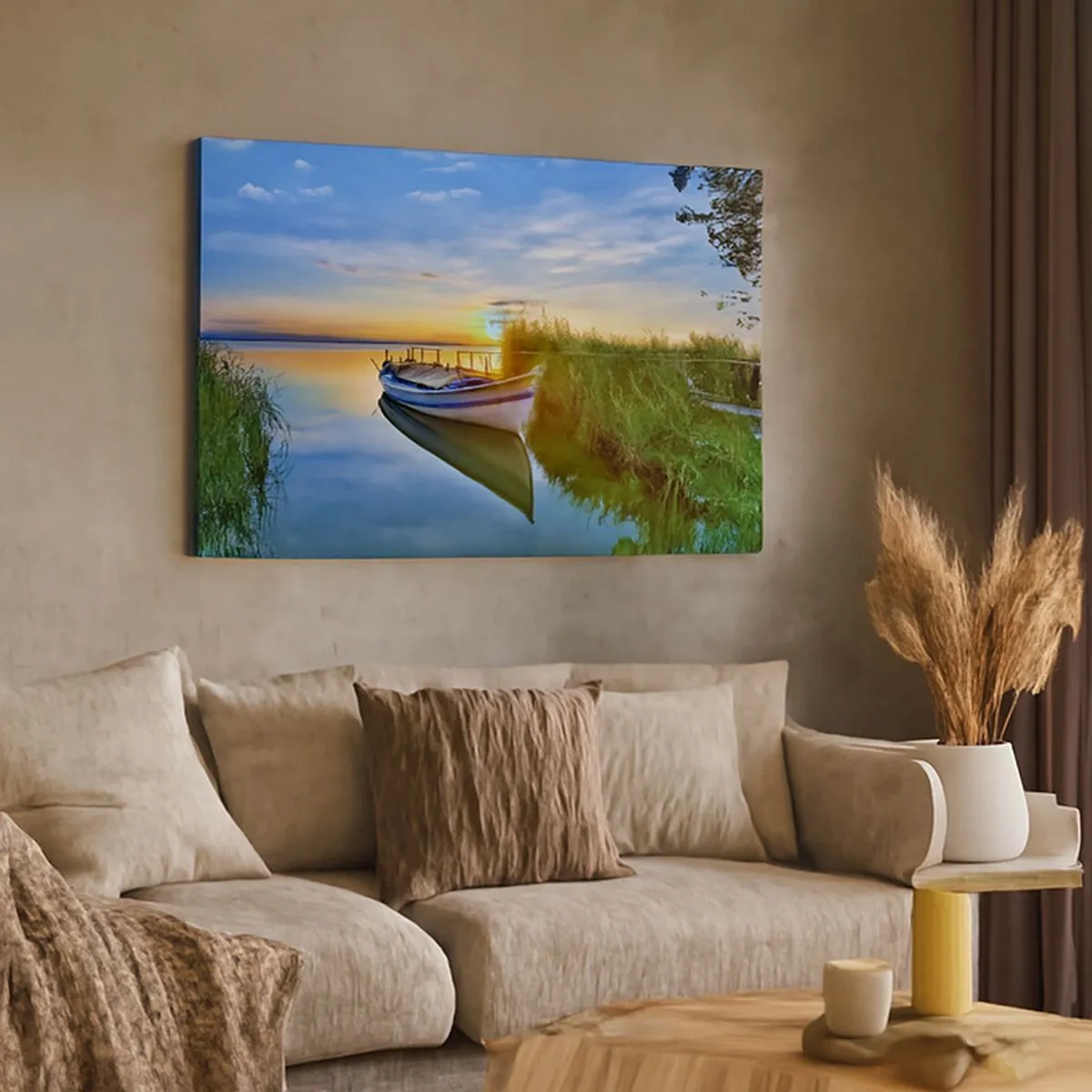 Canvas picture - A boat in a quiet bay at sunset - 70x50cm - Bay of Fulfilled Dreams - Modern wall decoration for the living room and bedroom ARTTOR