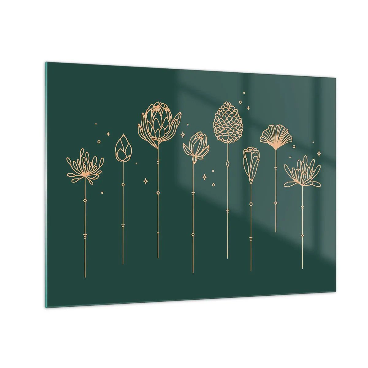 Glass picture - Golden outlines of herbs and flowers on a dark green background - 70x50cm - The Herb Family - Modern wall decoration for the living room and bedroom ARTTOR