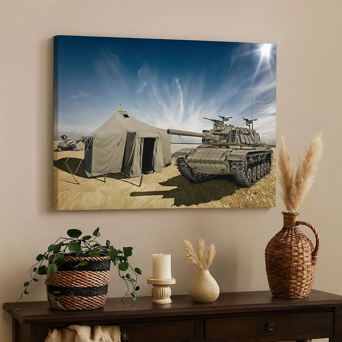 Canvas picture - A tank next to a military tent in a desert area - 70x50cm - Military Dream - Modern wall decoration for the living room and bedroom ARTTOR