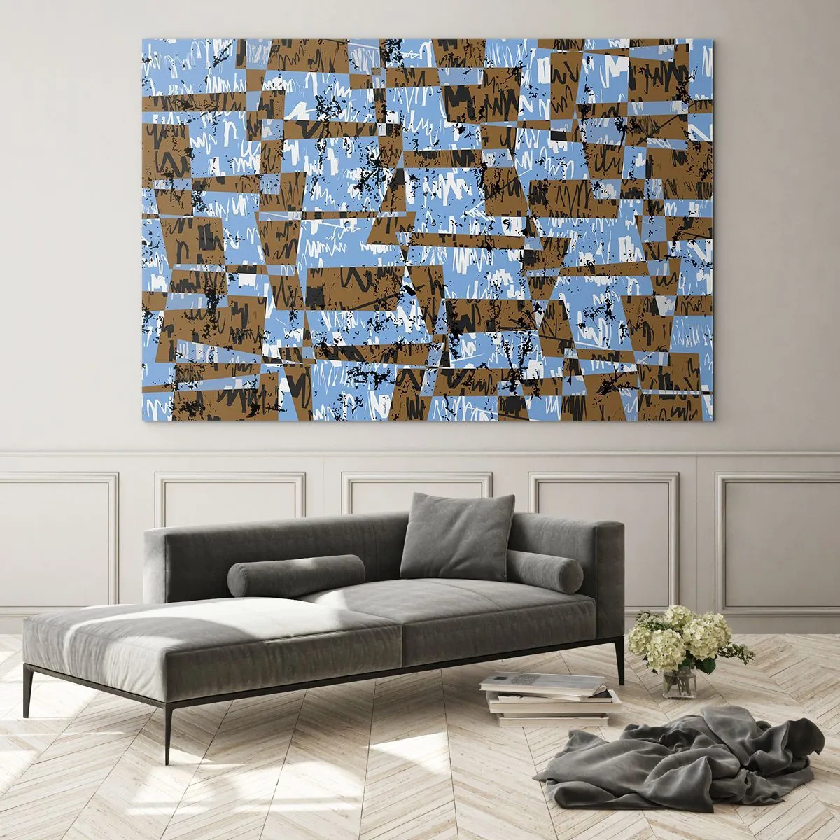 Glass picture - Geometric abstraction with shades of blue and brown - 70x50cm - No Folklore Cutout - Modern wall decoration for the living room and bedroom ARTTOR