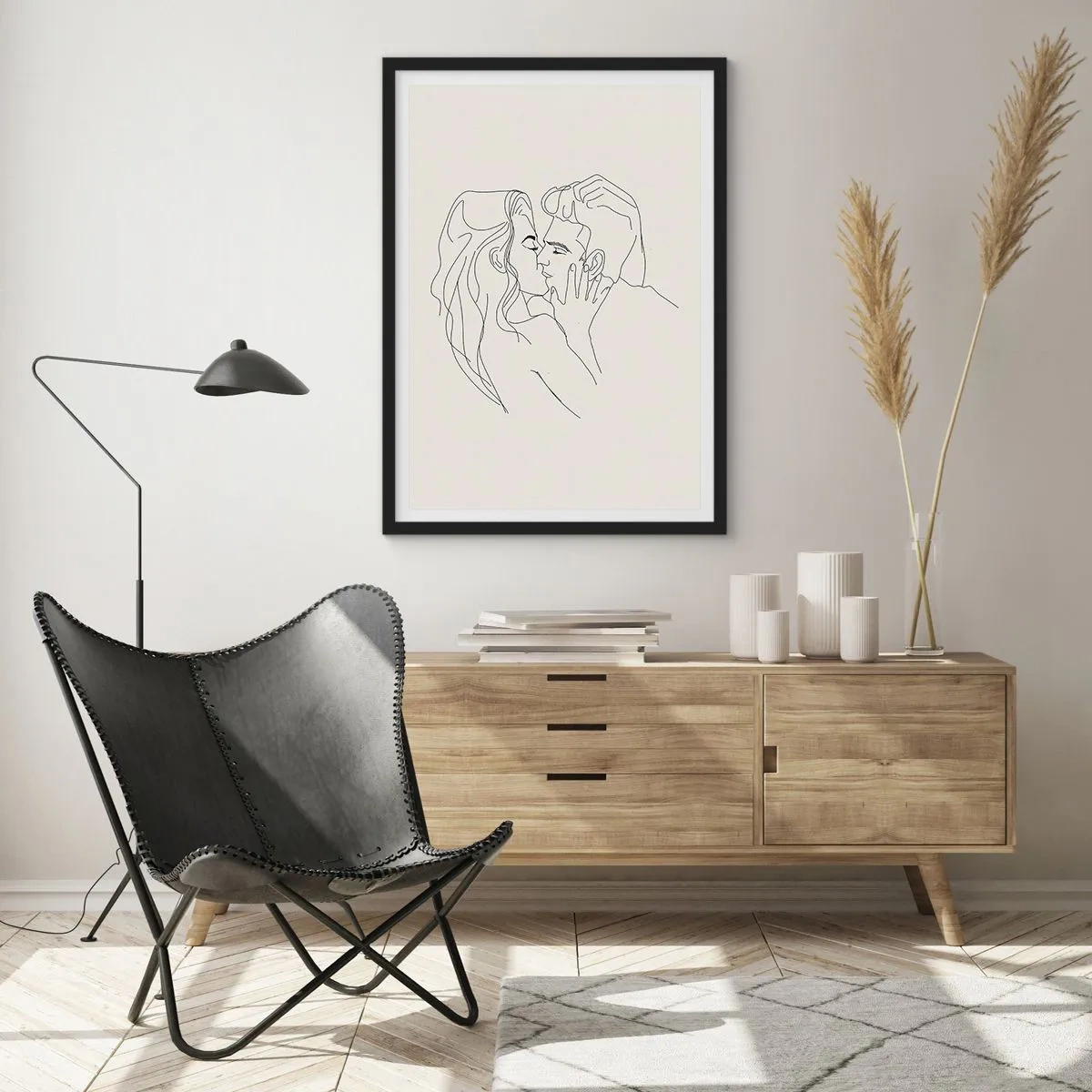 Poster in black frame - A minimalist drawing of a couple in love in delicate lines. - 50x70cm - Tangled up by a Feeling - Modern wall decoration for the living room and bedroom ARTTOR
