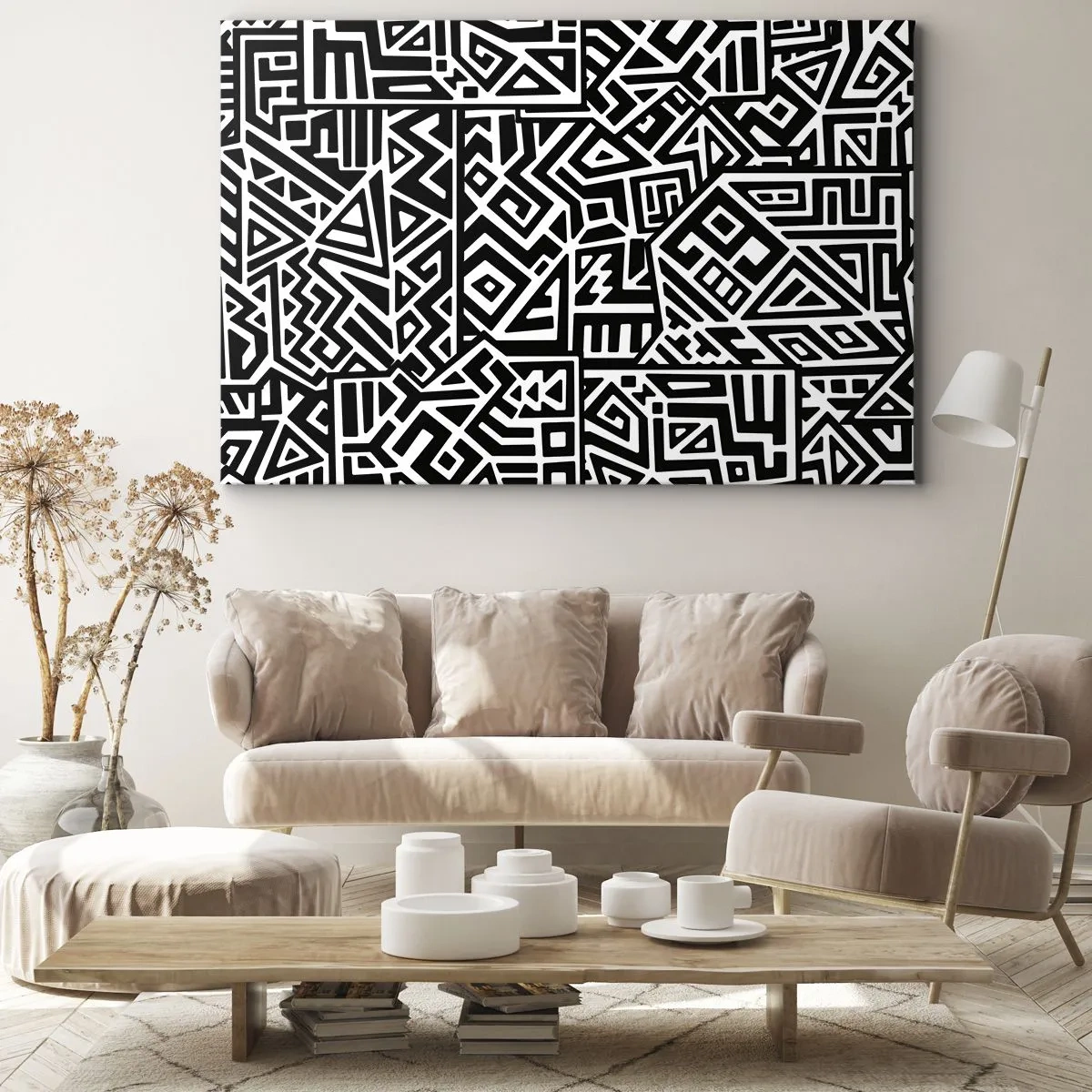 Canvas picture - Black and white geometric patterns inspired by pre-Columbian culture - 70x50cm - Precolumbian Composition - Modern wall decoration for the living room and bedroom ARTTOR