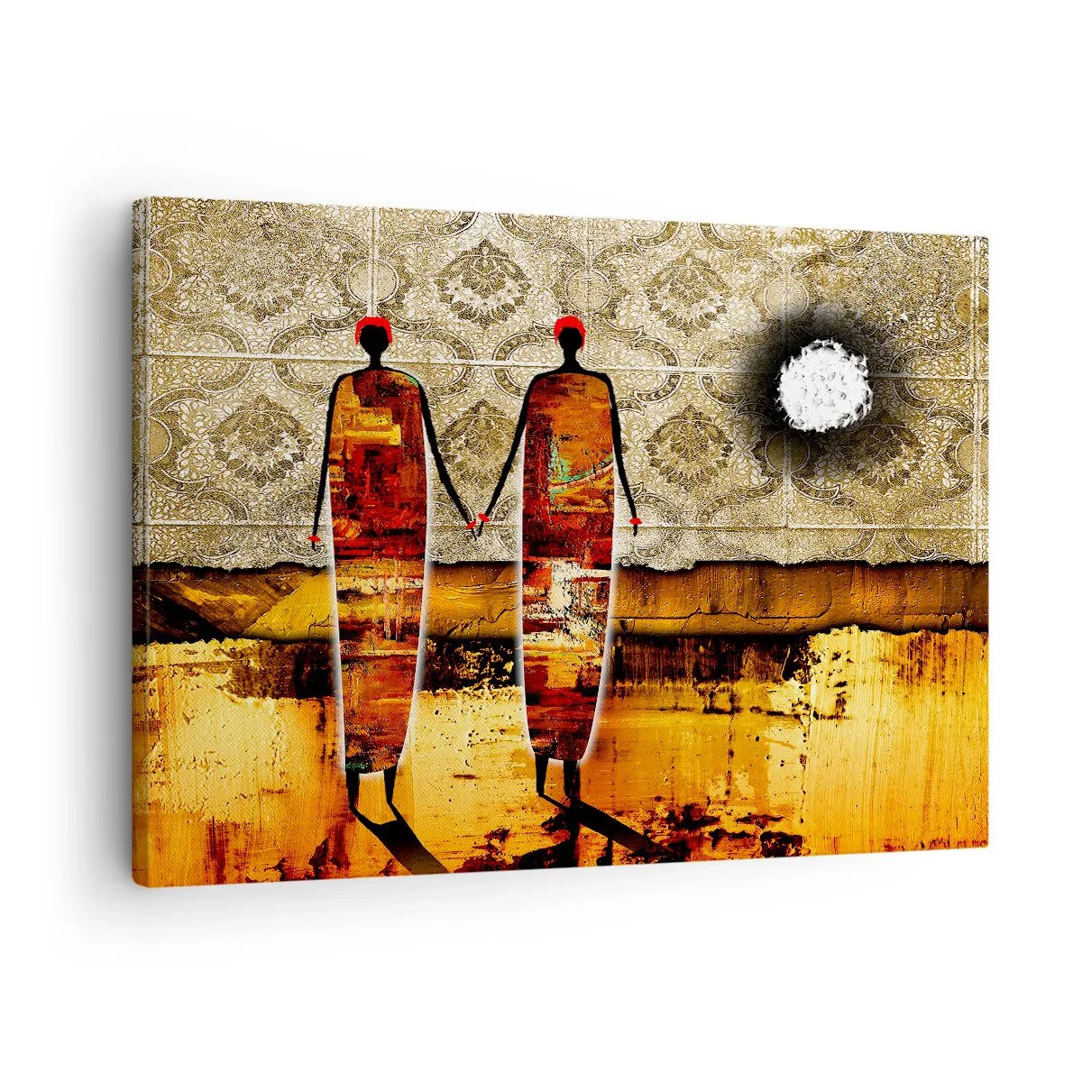 Canvas picture - An abstract pair of figures against a background of golden patterns and a landscape. - 70x50cm - Ethnic Composition in the Colours of Africa - Modern wall decoration for the living room and bedroom ARTTOR