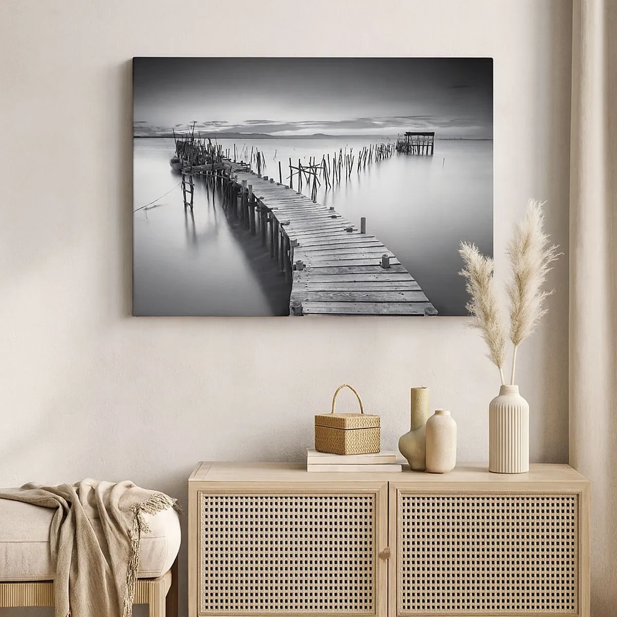 Canvas picture - A wooden jetty on a calm lake in shades of gray - 70x50cm - Peace of a Forgotten Shore - Modern wall decoration for the living room and bedroom ARTTOR