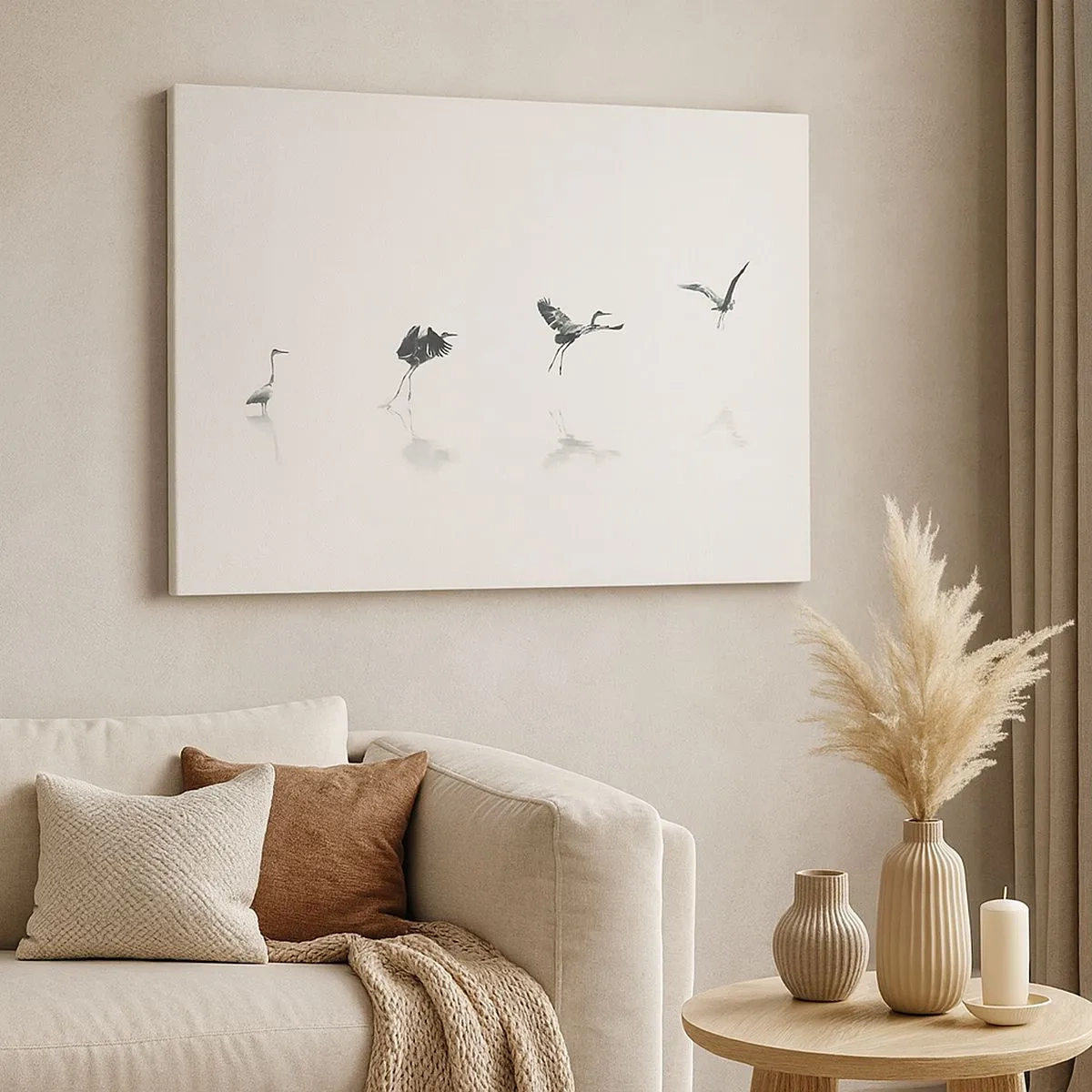 Canvas picture - Four bird silhouettes reflected in the calm water - 70x50cm - Four Simple Steps - Modern wall decoration for the living room and bedroom ARTTOR