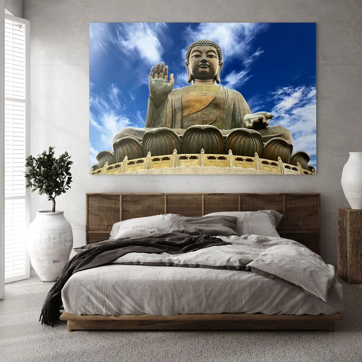 Glass picture - A large Buddha statue against a blue sky - 70x50cm - Live Without Fear - Modern wall decoration for the living room and bedroom ARTTOR