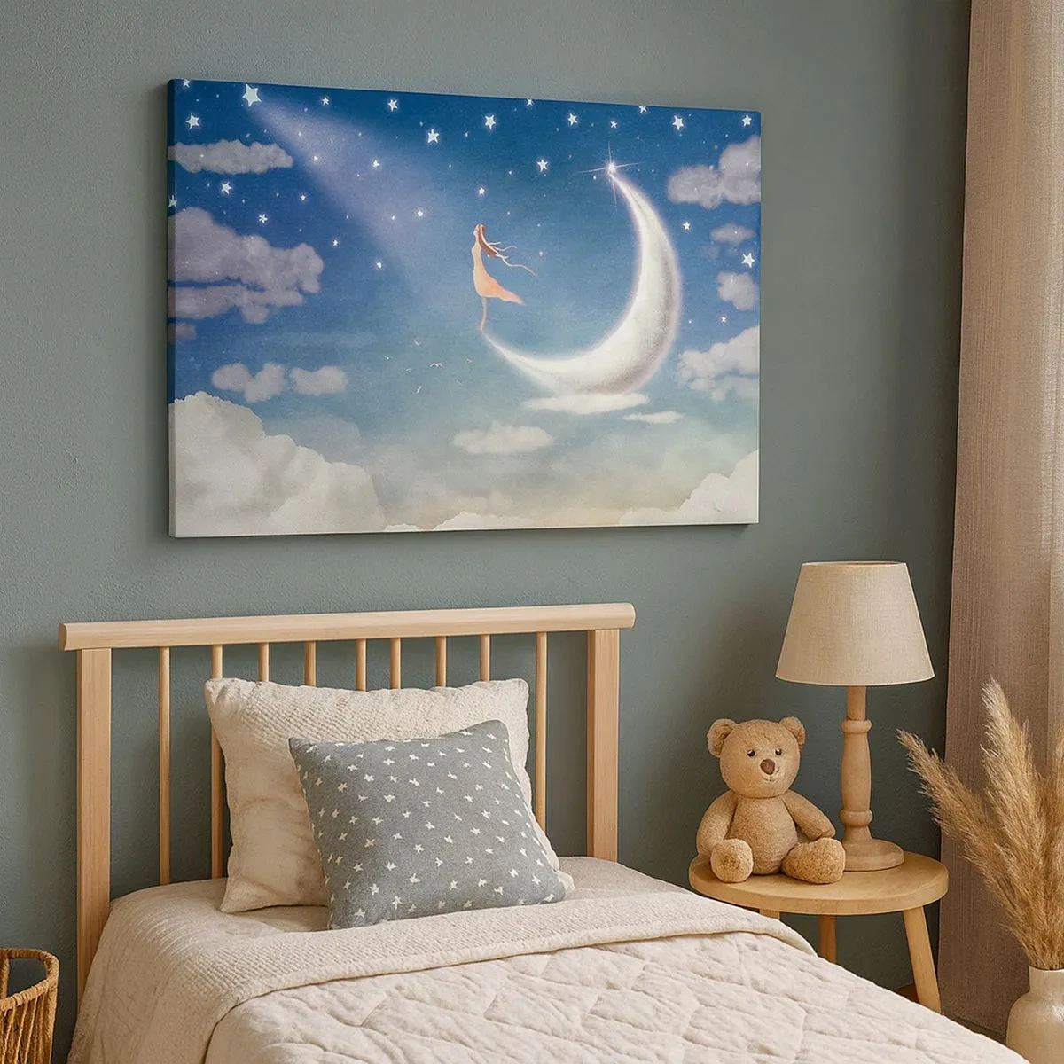 Canvas picture - A woman in the moon surrounded by stars and clouds - 70x50cm - Blue Suitor - Modern wall decoration for the living room and bedroom ARTTOR