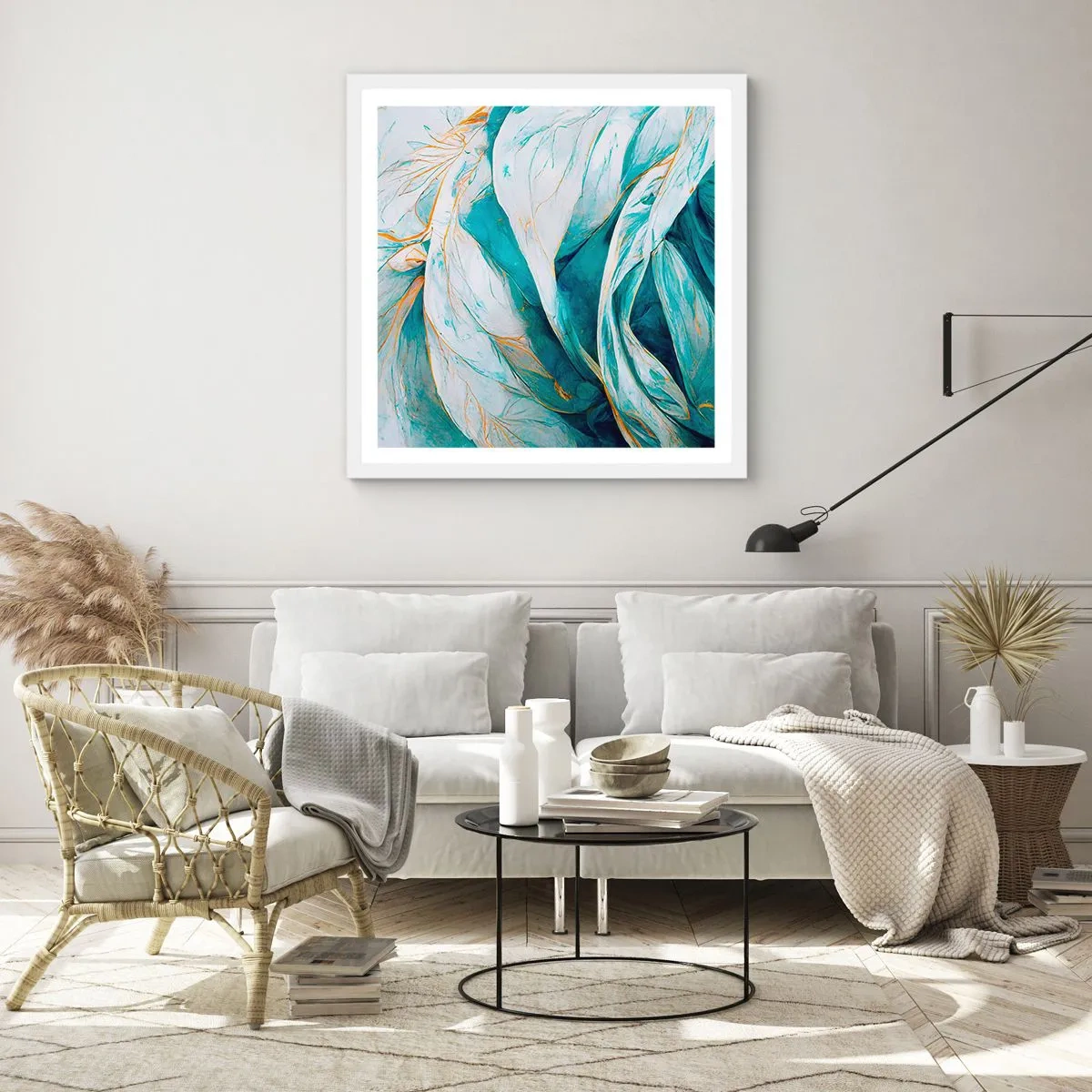Poster in white frmae - Blue Abstract with a Golden Motif - 40x40 cm