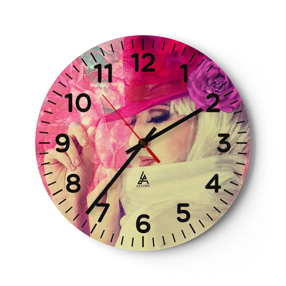 Wall clock - Clock on glass - Retro Portrait in Pink - 40x40 cm