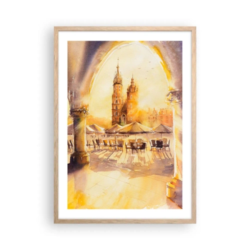 Poster in light oak frame - Sunrise over a Crocow Market - 50x70 cm