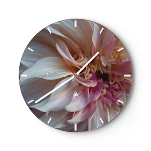 Wall clock - Clock on glass - Close-up of a dahlia flower in shades of pink and white - 30x30cm - Blooming Freshness - Modern wall decoration for the living room, kitchen, and bedroom ARTTOR