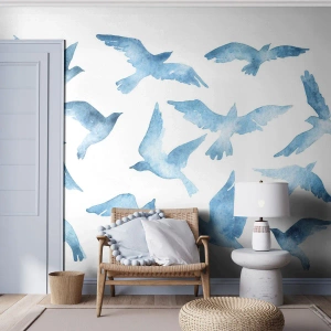 Photo Wallpaper Premium Sand - Blue Birds - Abstraction, Bird, Graphics - 200x140 cm