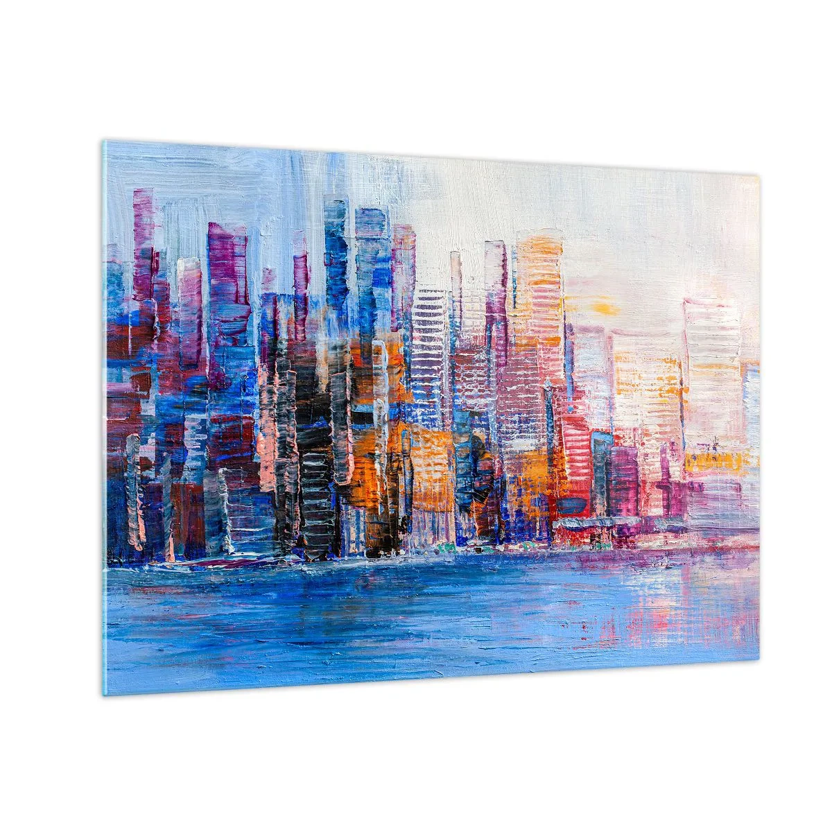 Glass picture - A colorful panorama of the city painted with brush strokes - 70x50cm - Joyful Metropolis - Modern wall decoration for the living room and bedroom ARTTOR