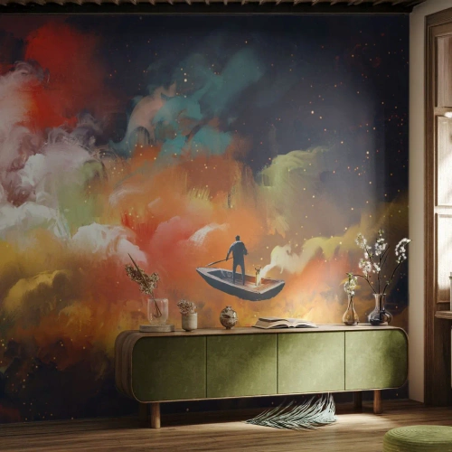 Photo Wallpaper Standard Eco - A man in a boat sailing through a sky full of clouds - 100x70cm - Through the Galaxy in a Boat - Modern wall decoration for the living room and bedroom ARTTOR