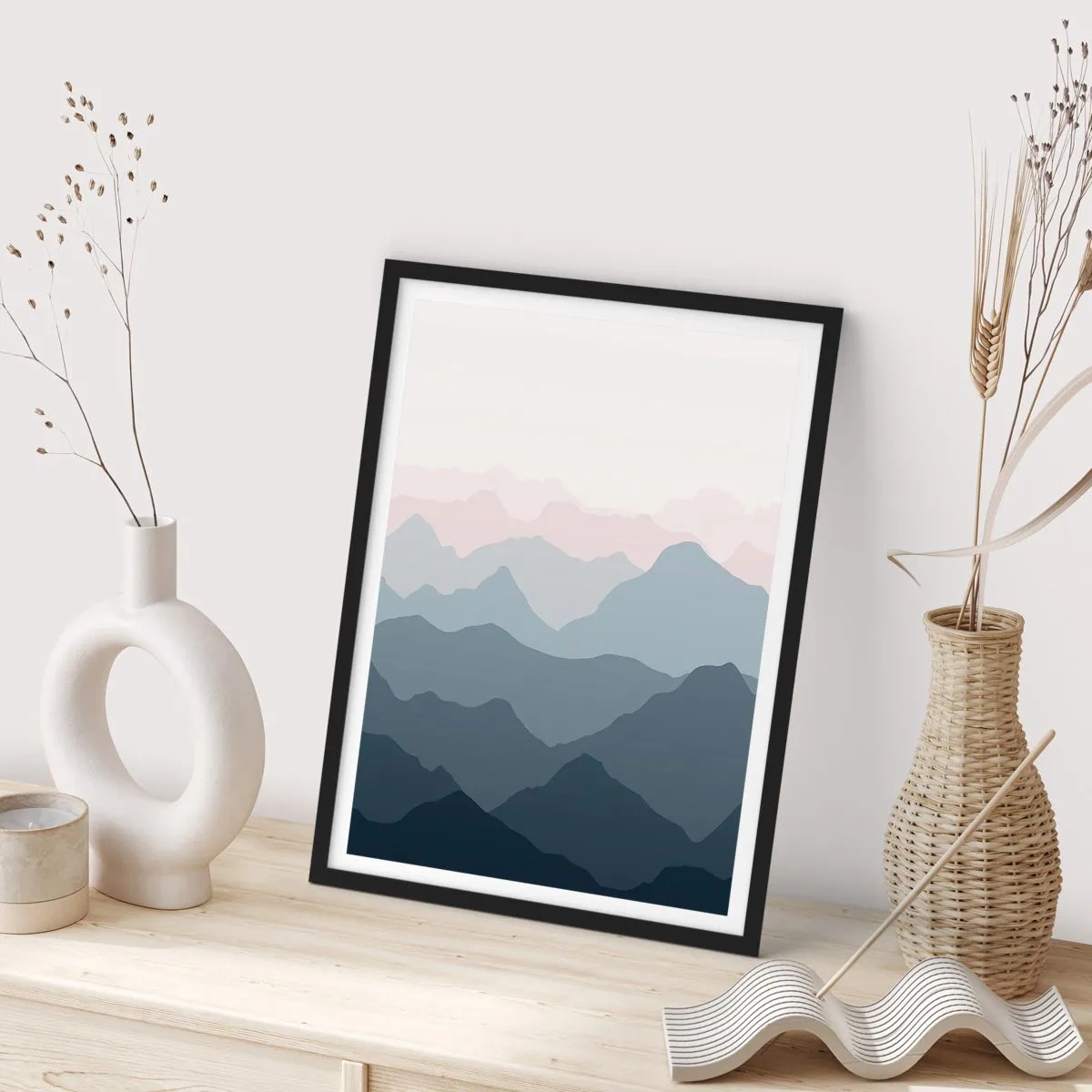 Poster in black frame - Layered mountain ranges in shades of blue and gray - 50x70cm - Mountain Waves - Modern wall decoration for the living room and bedroom ARTTOR