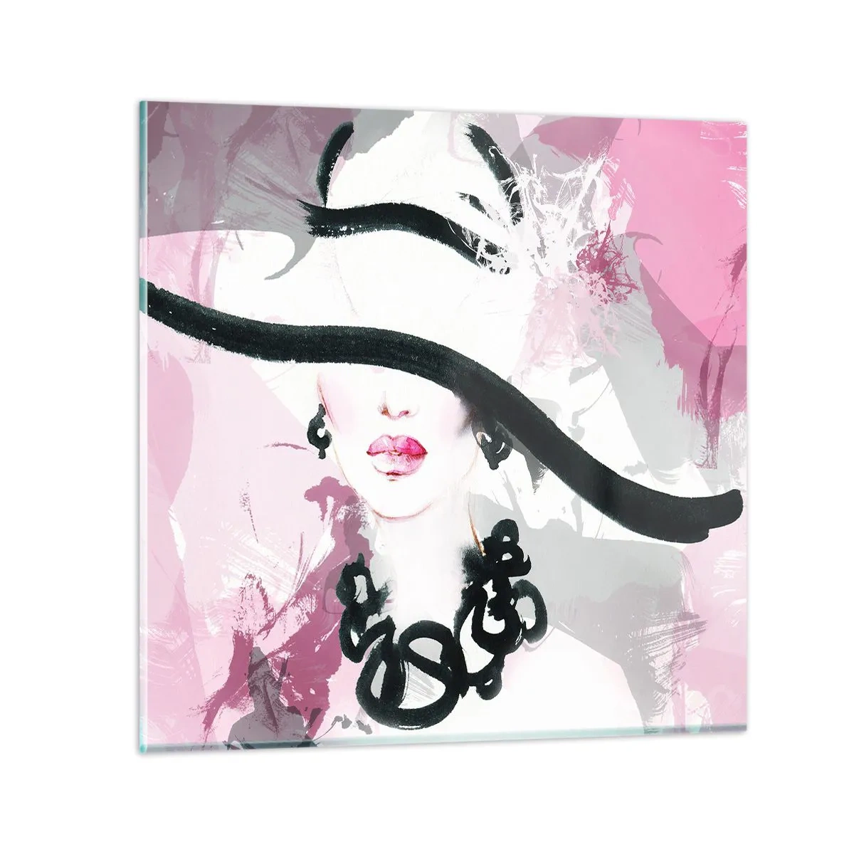 Glass picture - Portrait of a Lady in Black and Pink - 50x50 cm