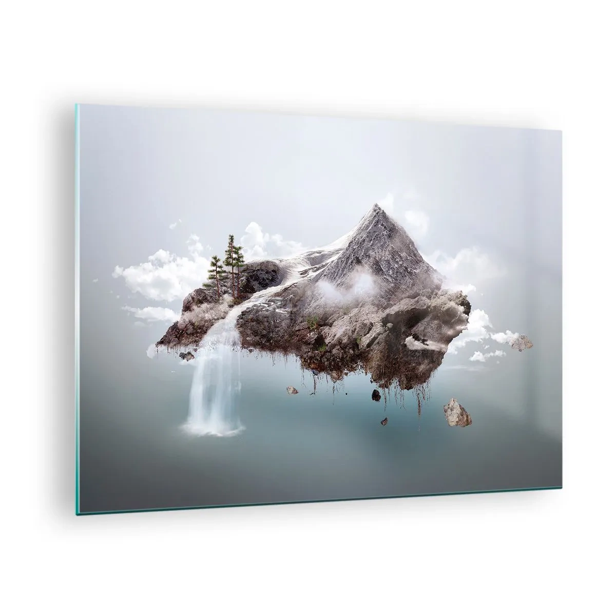 Glass picture - A floating mountain island with a waterfall in a surreal style. - 70x50cm - In the Eye of a Surrealist - Modern wall decoration for the living room and bedroom ARTTOR