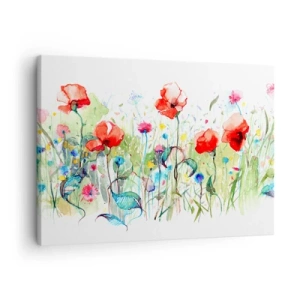 Canvas picture - A meadow with red poppies and colorful flowers in watercolor - 70x50cm - Meadow in May - Modern wall decoration for the living room and bedroom ARTTOR