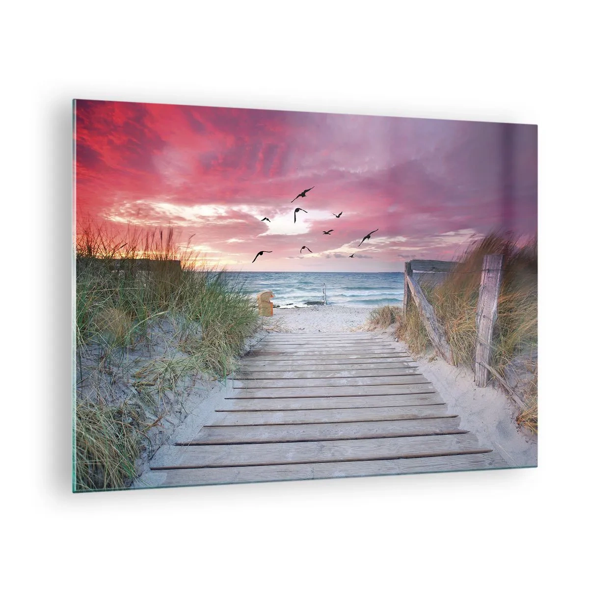 Glass picture - Path to the beach at sunset with birds flying - 70x50cm - Baltic Impression - Modern wall decoration for the living room and bedroom ARTTOR
