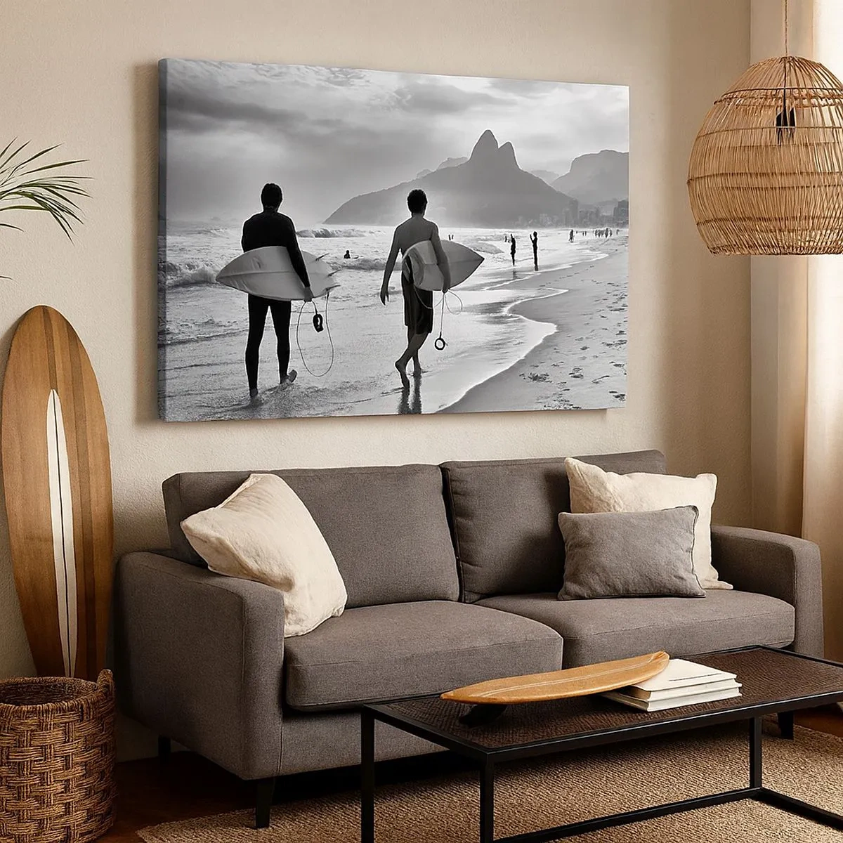 Canvas picture - Two surfers walking on the beach with their boards in black and white. - 70x50cm - Samba for One Wave - Modern wall decoration for the living room and bedroom ARTTOR
