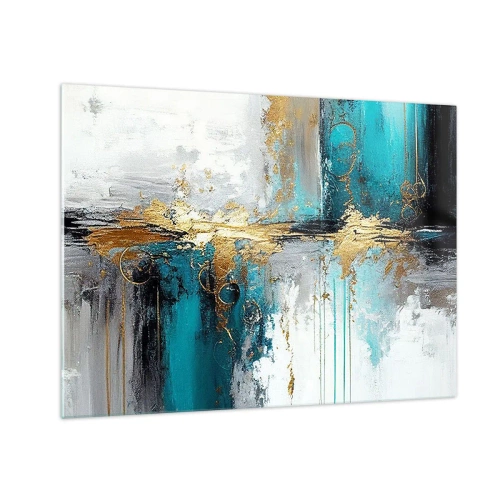 Glass picture - Abstraction with turquoise and gold on a white background - 70x50cm - Everything Flows - Modern wall decoration for the living room and bedroom ARTTOR