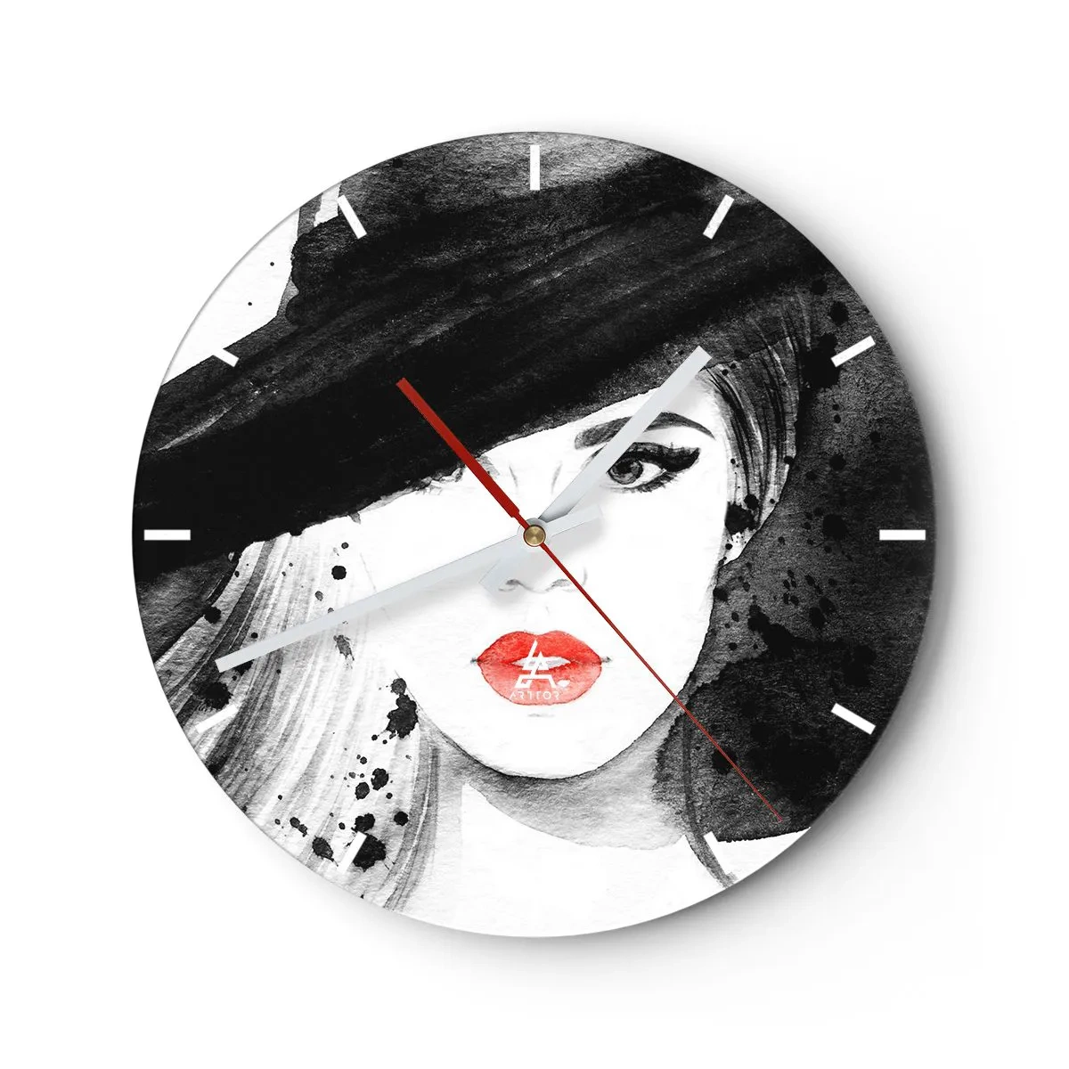 Wall clock - Clock on glass - Stylish woman in a hat with red lips - 30x30cm - Lady in Black - Modern wall decoration for the living room, kitchen, and bedroom ARTTOR
