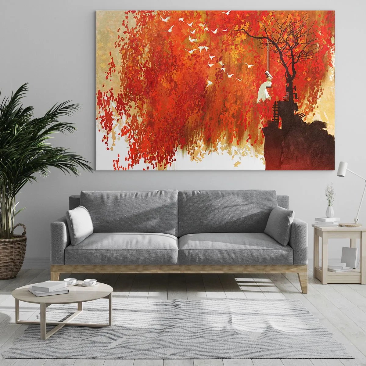 Glass picture - Red leaves, a lonely tree, and birds in an autumn scene - 70x50cm - Will It Fly with Us? - Modern wall decoration for the living room and bedroom ARTTOR