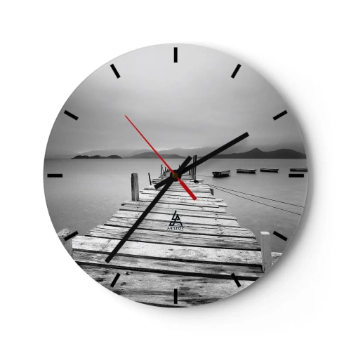 Wall clock - Clock on glass - A wooden jetty over a calm lake with mountains in the background - 30x30cm - In a Faraway Land - Modern wall decoration for the living room, kitchen, and bedroom ARTTOR