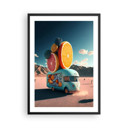Poster in black frame - Fancy fruit truck in the desert - 50x70cm - Taste of Holidays - Modern wall decoration for the living room and bedroom ARTTOR