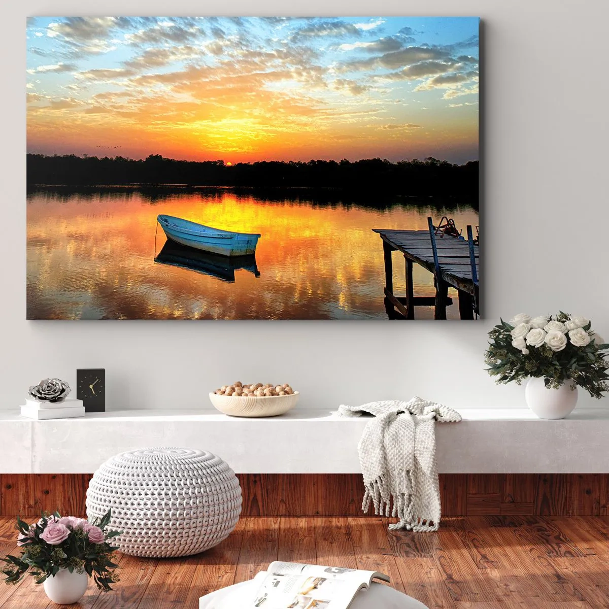 Canvas picture - A boat on a calm lake during sunset - 70x50cm - Look, Listen, Meditate - Modern wall decoration for the living room and bedroom ARTTOR