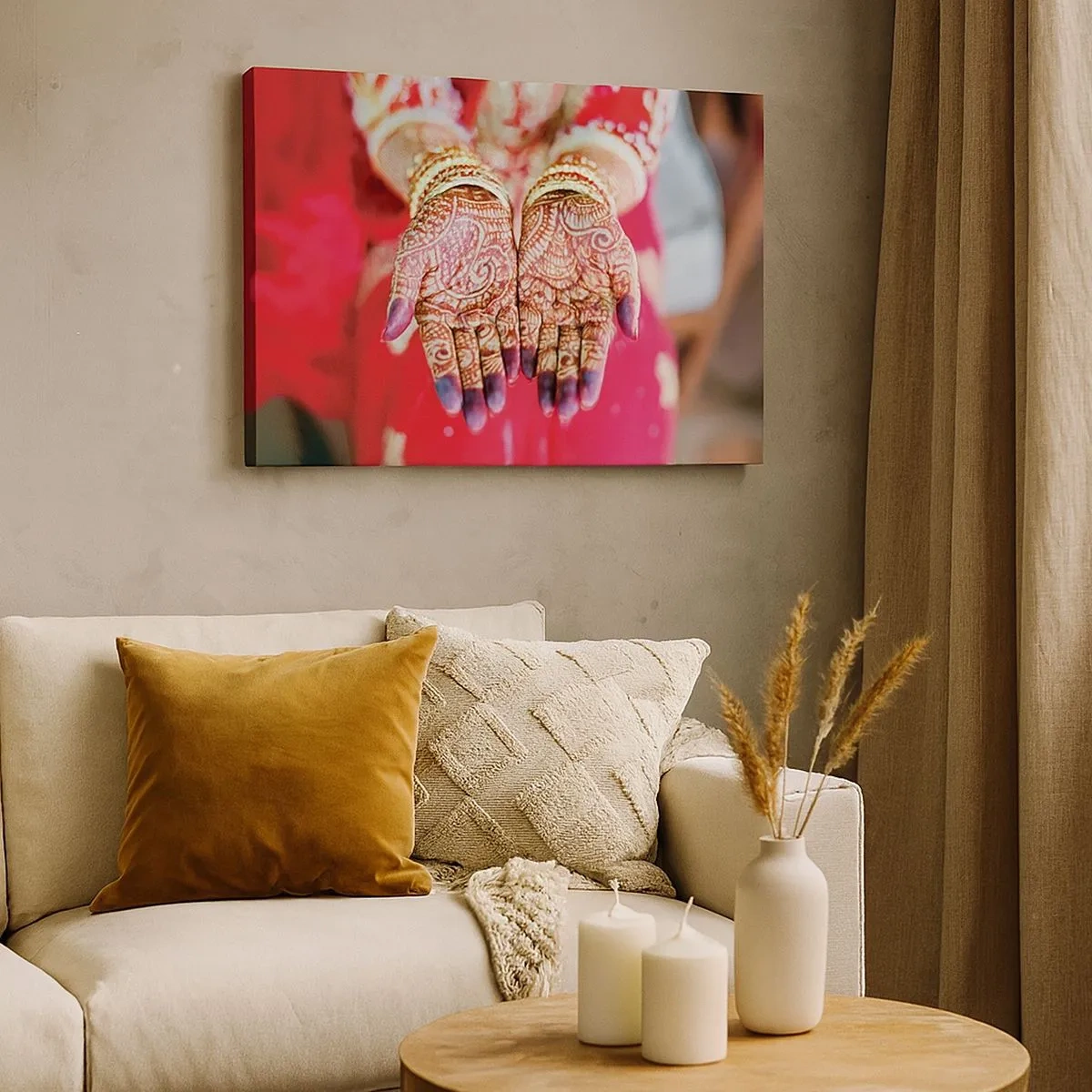 Canvas picture - Hands decorated with henna against the background of a red dress - 70x50cm - Readt to Catch Happiness - Modern wall decoration for the living room and bedroom ARTTOR