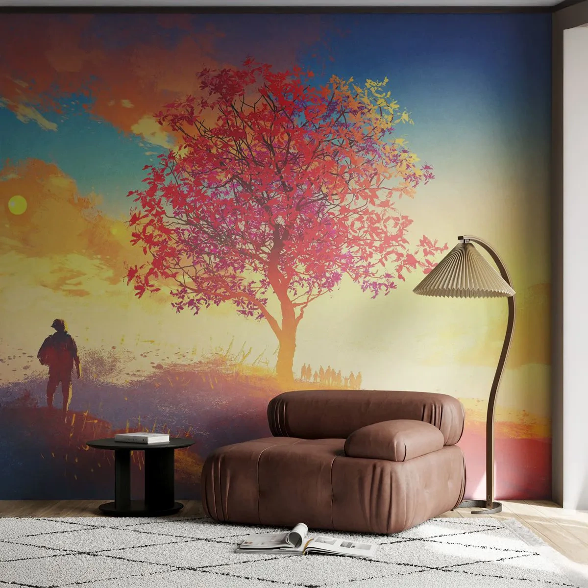 Self-Adhesive Photo Wallpaper Deluxe Sticker - Pilgrim at Its Goal - Landscape, Tree, Wanderer - 100x70 cm